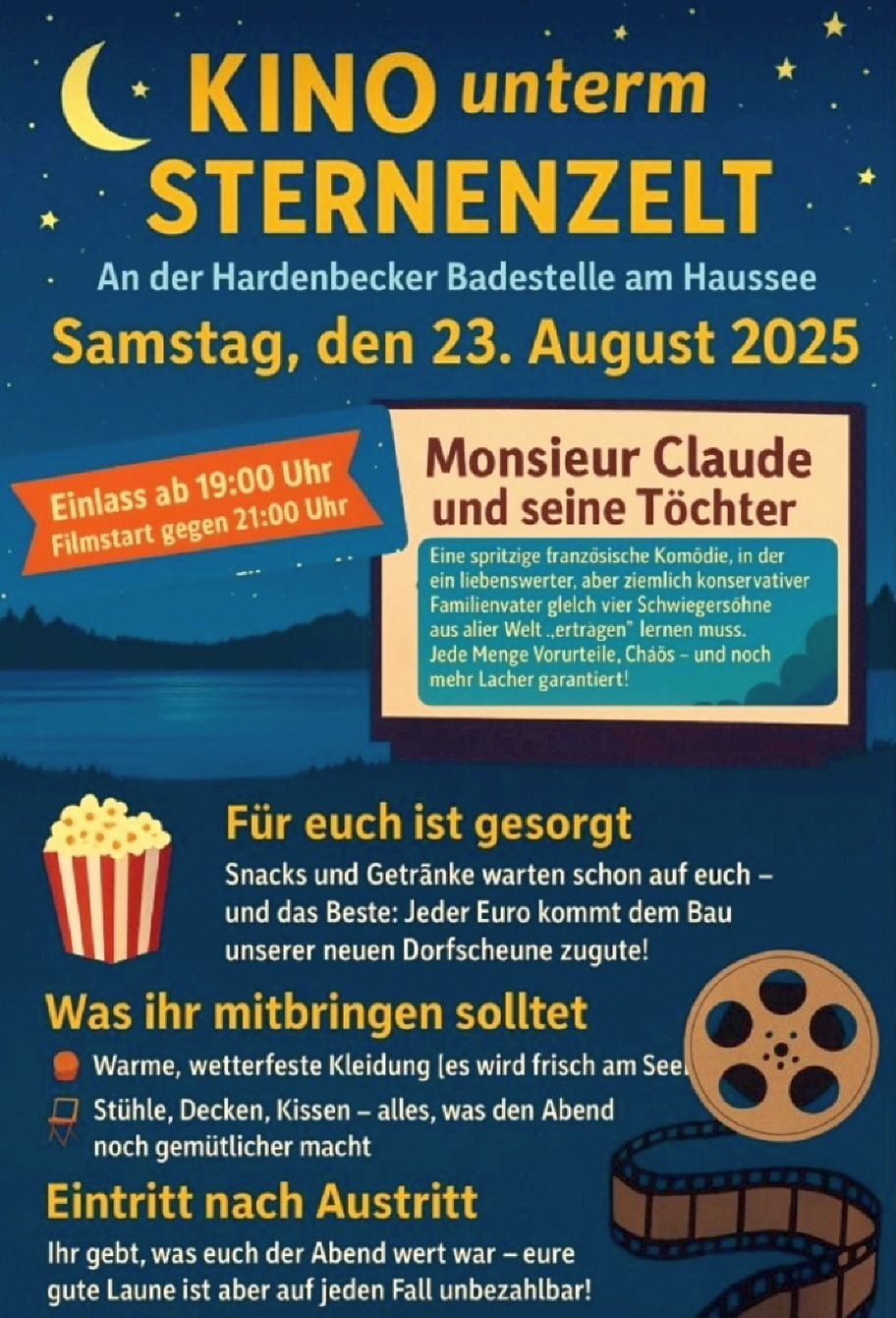Kino unterm Sternenhimmel -  23. August 2025 (Sa)  -  ab 19 Uhr  -  am Hardenbecker Haussee (Badestelle) - Eintritt bei Austritt (freiwillige Spende)